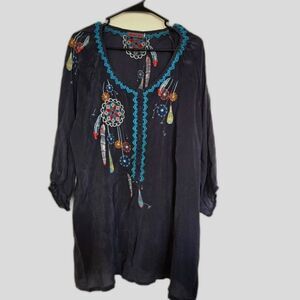 Johnny Was Blue and Red Embroidered  Feathers Tunic Plus Size 1X blouse
